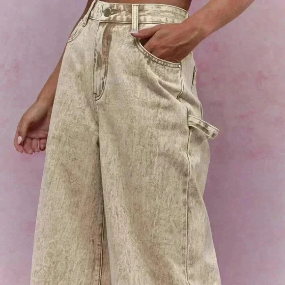 Khaki Casual Women's Washed Folded Hem Straight Leg Jeans - Picture 4 of 4